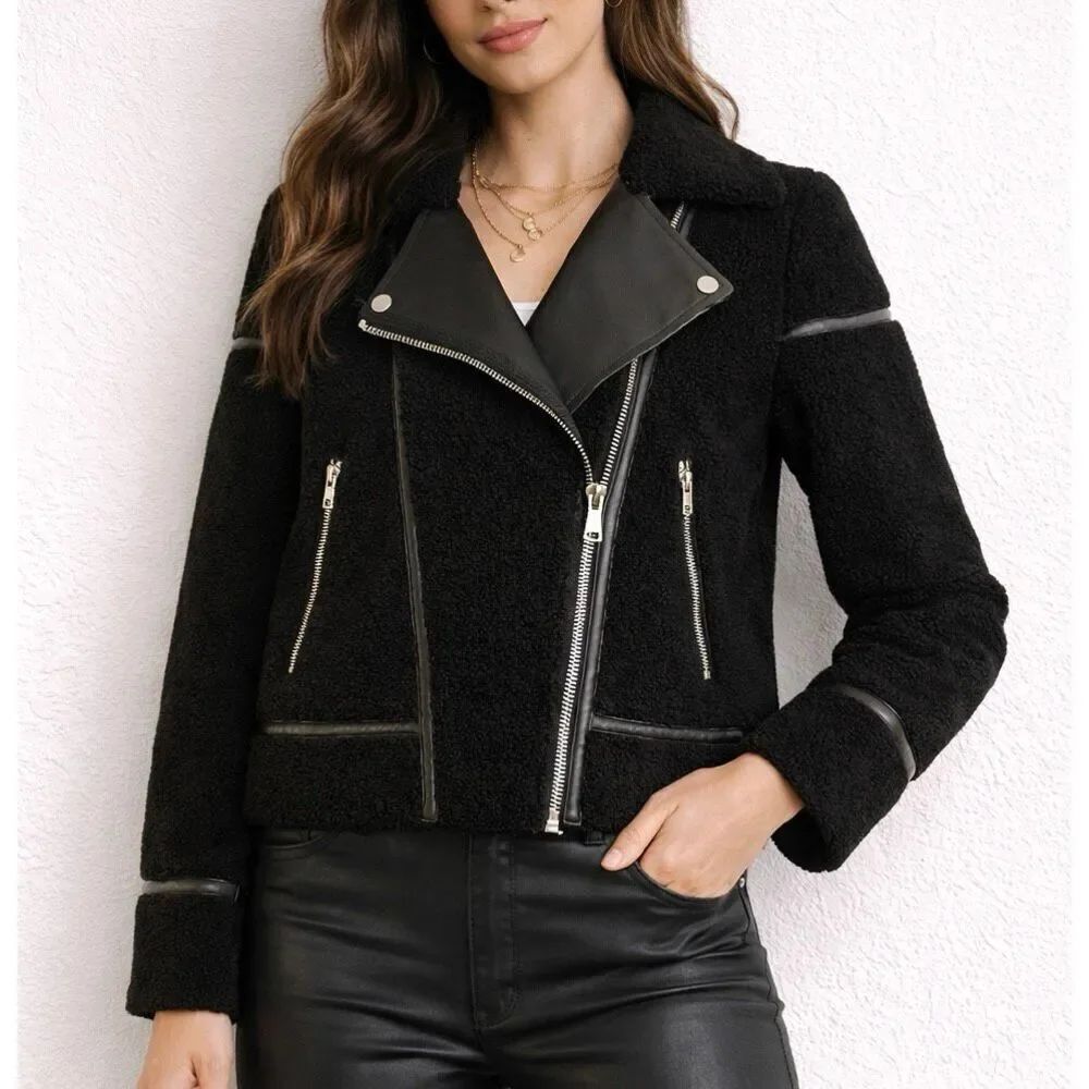 Joie black faux leather boucle Sherpa moto style jacket size small